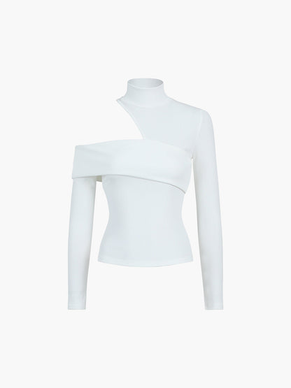 Mock Neck Oblique Cutout Rib Long Sleeve Knit Top