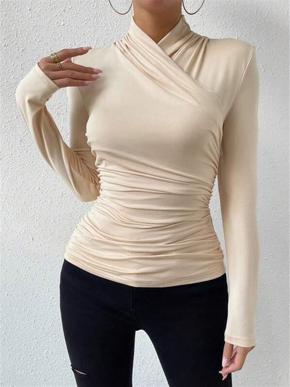 Cross-Over Collar Pleated Cinched T-Shirt