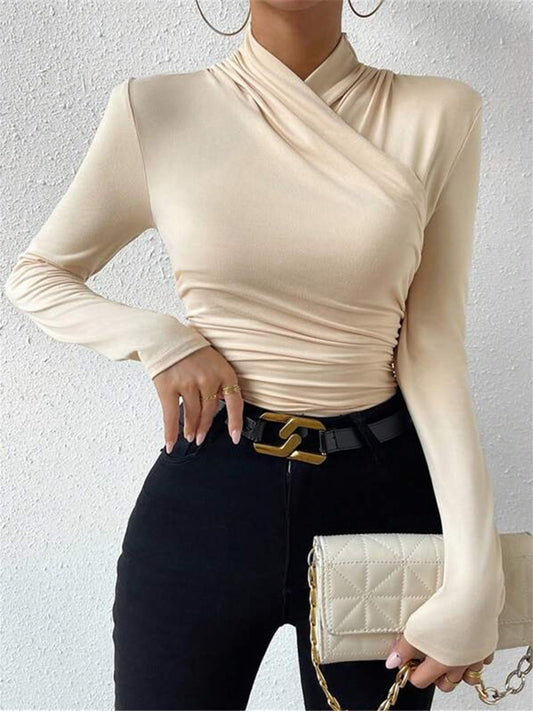 Cross-Over Collar Pleated Cinched T-Shirt