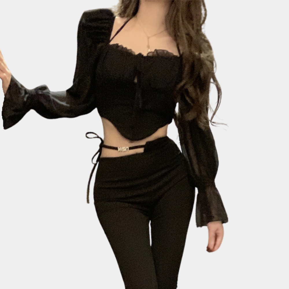 Stylish Black Chiffon Blouse with Flared Sleeves