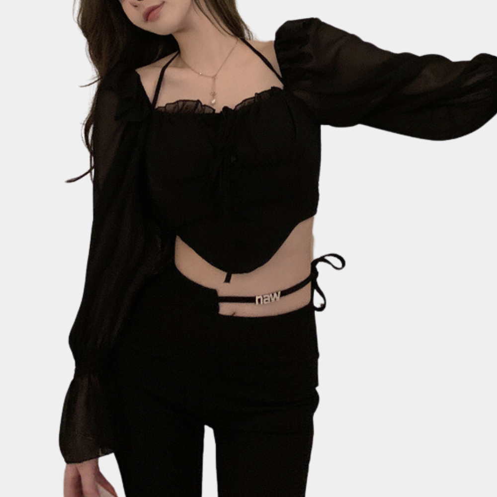 Stylish Black Chiffon Blouse with Flared Sleeves