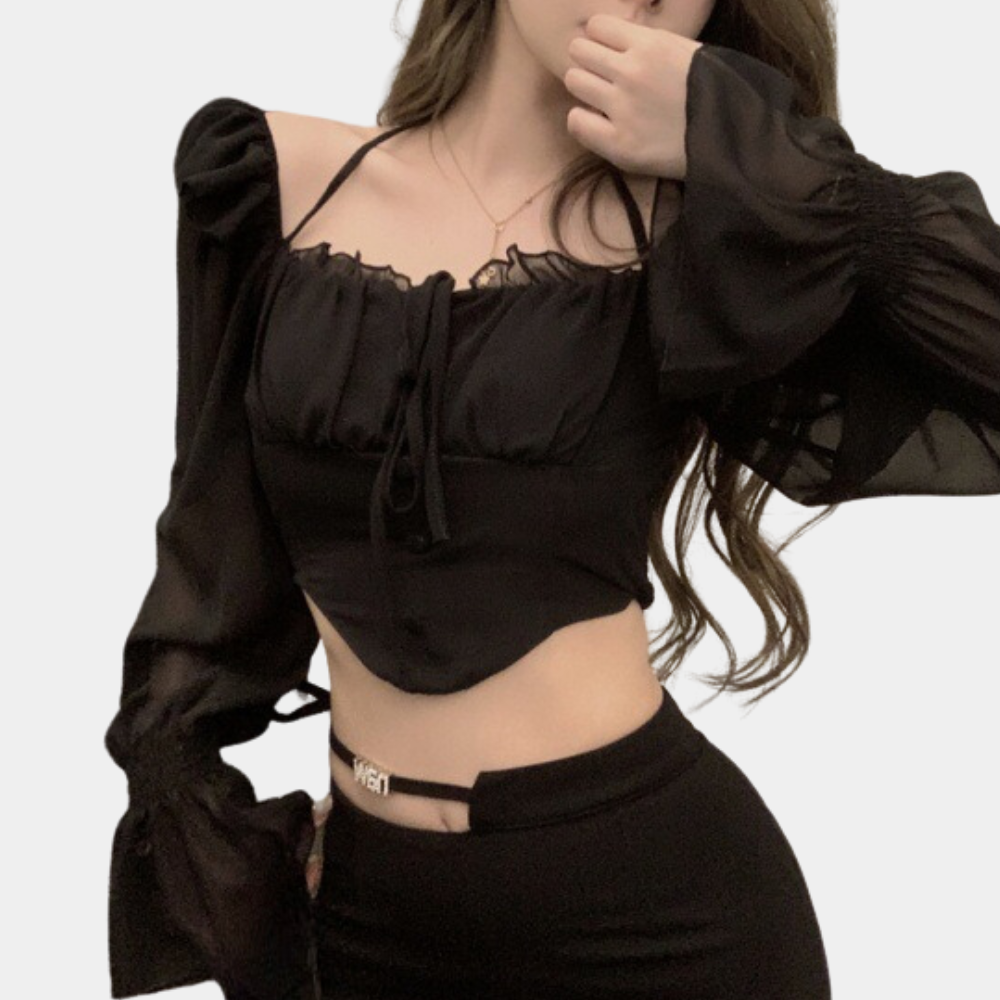 Stylish Black Chiffon Blouse with Flared Sleeves