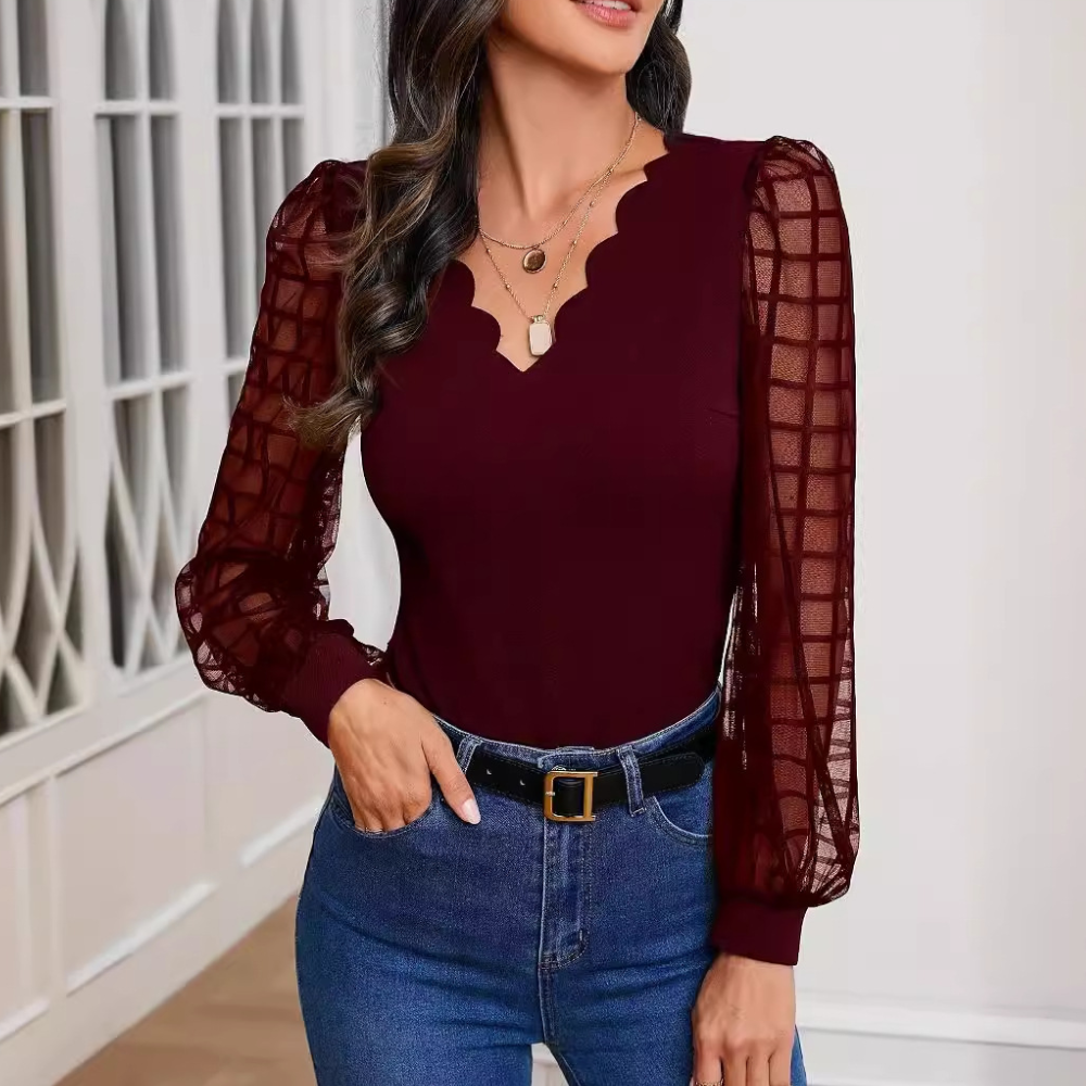 Ronja - Elegant Ladies Top with V-Neck and Wave Edge