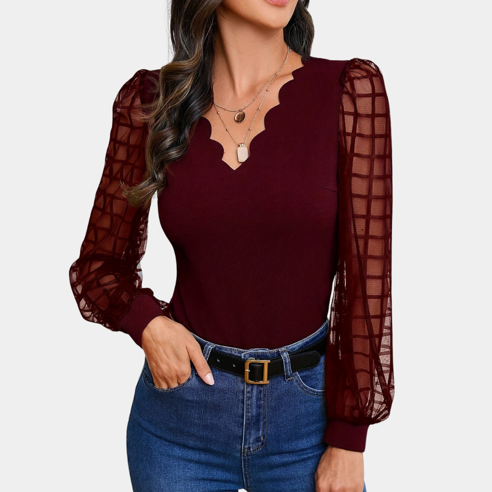 Ronja - Elegant Ladies Top with V-Neck and Wave Edge