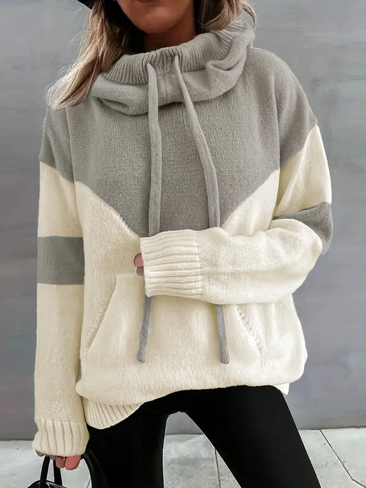 color block sweater with drawstring and hood